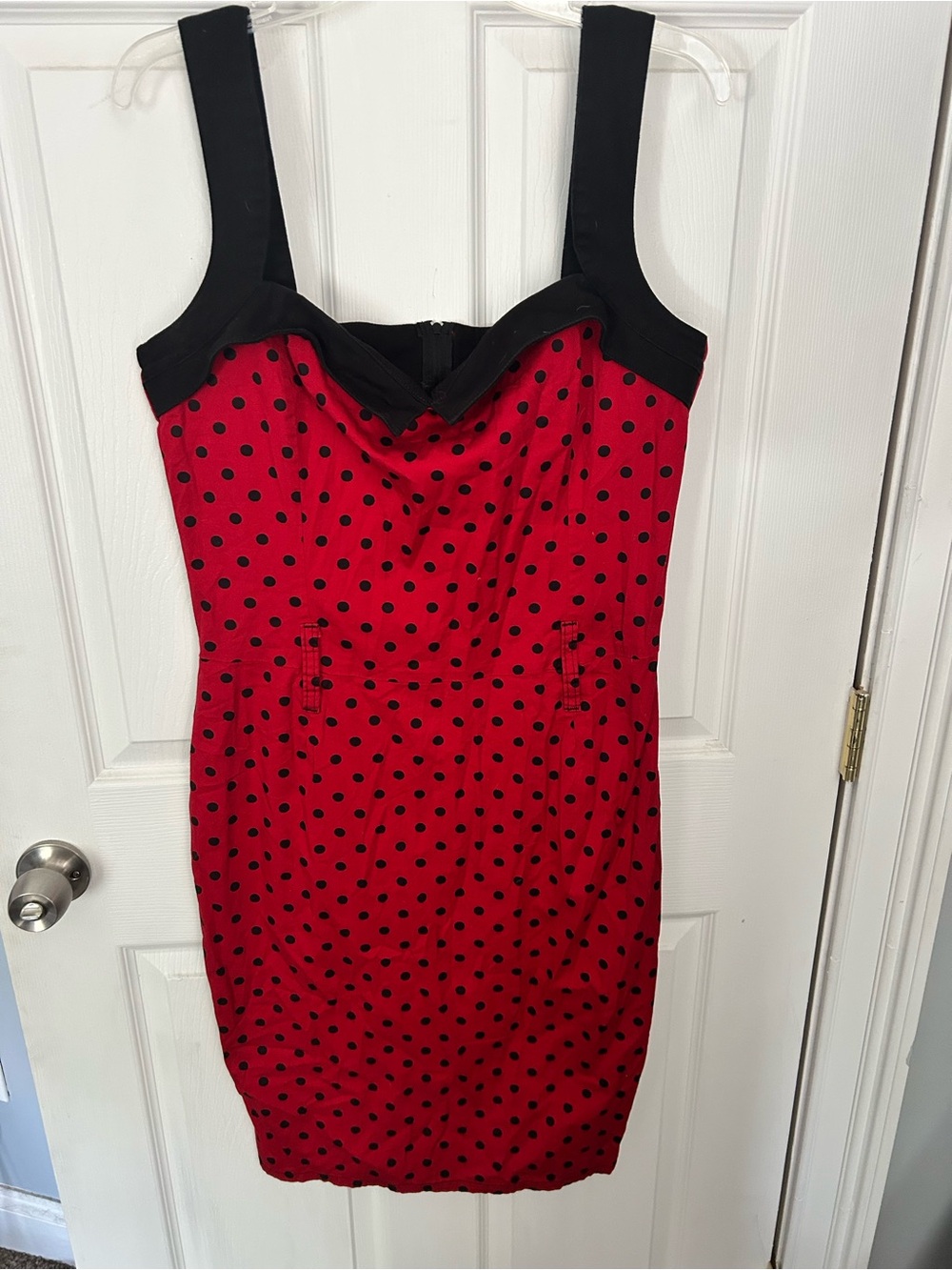 Red Polka Dot Midi Dress with Black Trim